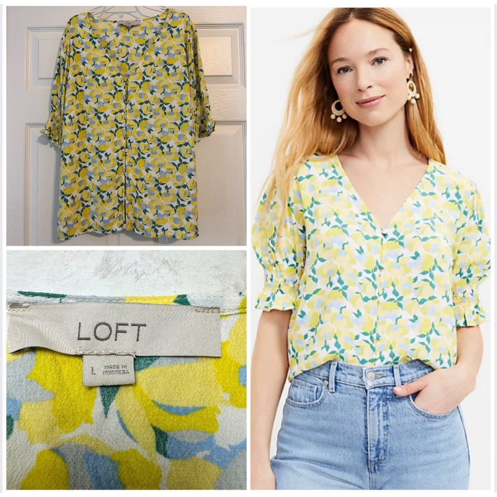 Loft Yellow Blue Floral V-Neck Button Front Blouse Size L